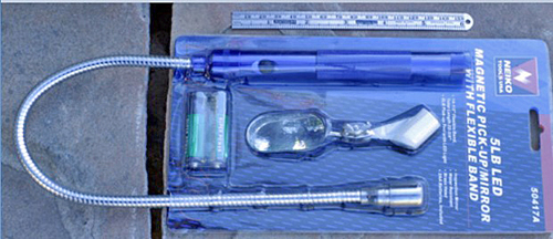 ITEM #5LB LED 22": A FLEXIBLE 23 3/4" LONG FLEX LIGHT (LED) WITH AN ATTACHABLE INSPECTION MIRROR. Uses (2) AA batteries and a magnet on the end can pick up 5 lbs. Great for finding & retrieving those parts you've dropped into an inaccessible cavity.
